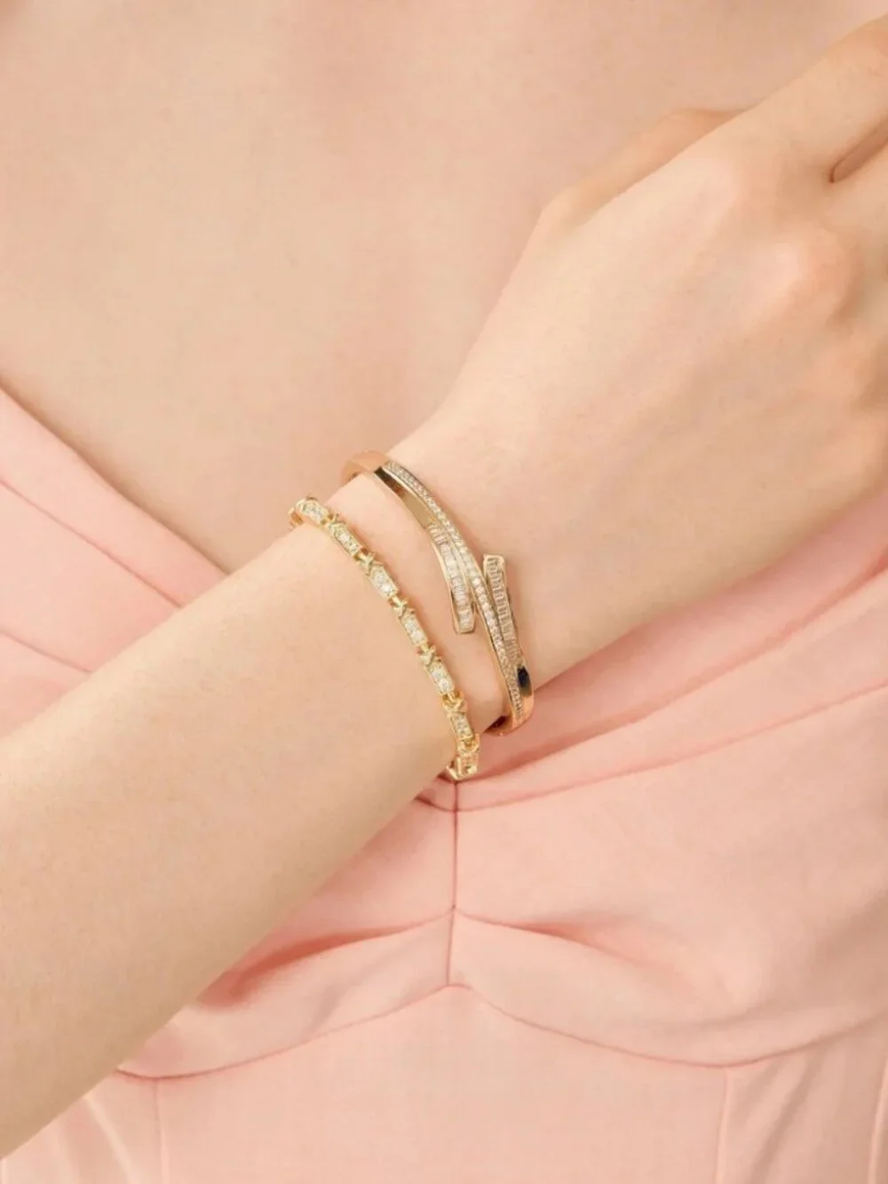 Gold Baguette Crystal Bangle & Tennis Bracelet Set